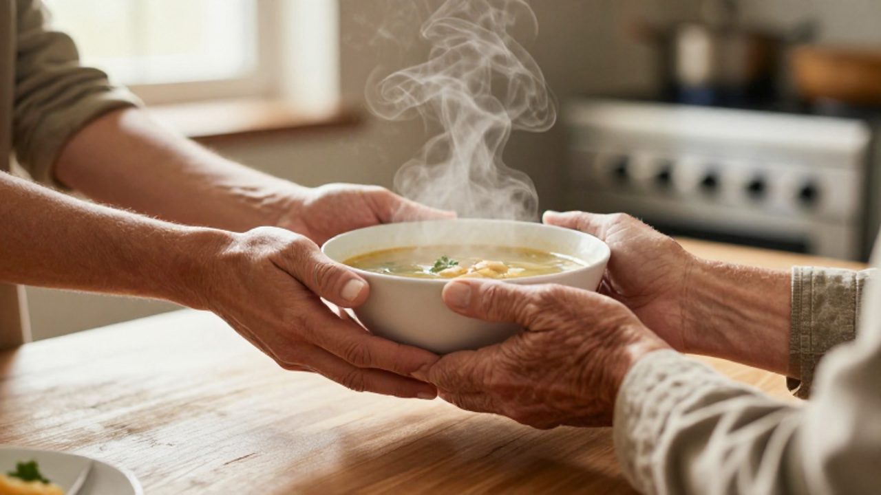 Unas manos ofrecen con cuidado un cuenco de sopa caliente a otra persona en un entorno acogedor, simbolizando un acto de compasión y servicio.