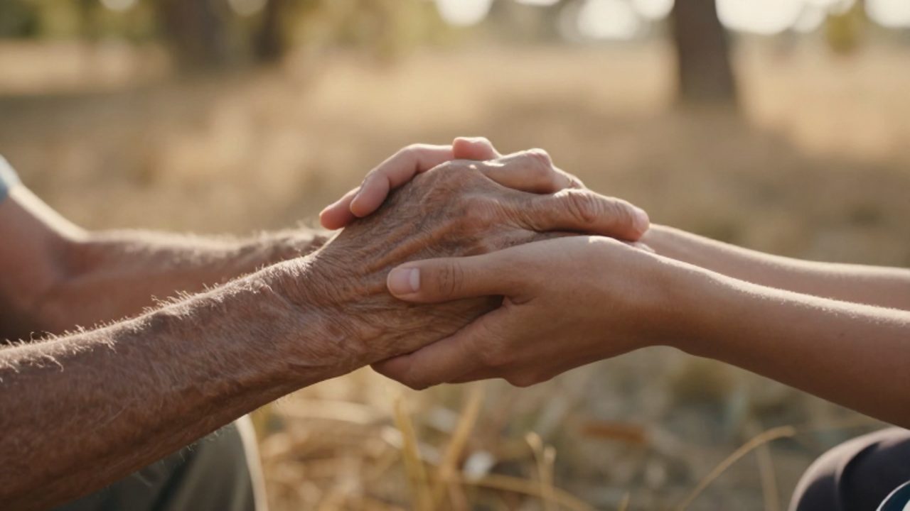 Una mano joven sostiene con ternura una mano envejecida bajo la luz cálida del atardecer, simbolizando el apoyo y la empatía generacional.