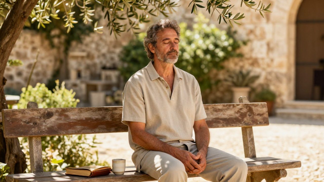 Hombre de mediana edad sentado con los ojos cerrados en un patio de piedra soleado, reflejando un momento de paz y contemplación junto a un libro abierto.