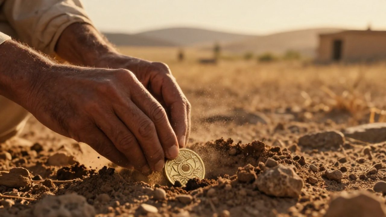 Unas manos desgastadas apartan la tierra de un campo para descubrir una antigua moneda de oro parcialmente enterrada bajo la luz del atardecer.