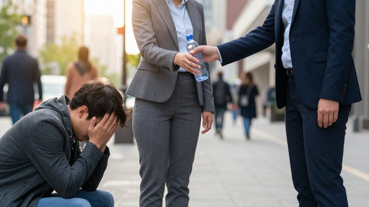 Una persona en traje profesional ayuda a alguien en apuros en una concurrida acera urbana.