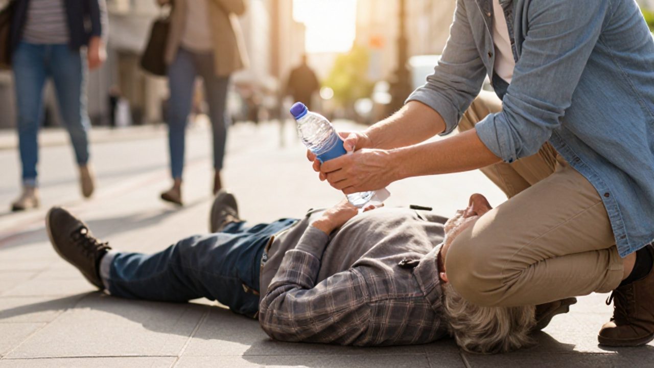 Una persona ayuda a un anciano caído en una acera urbana, ofreciéndole agua y un paño en un gesto de cuidado.