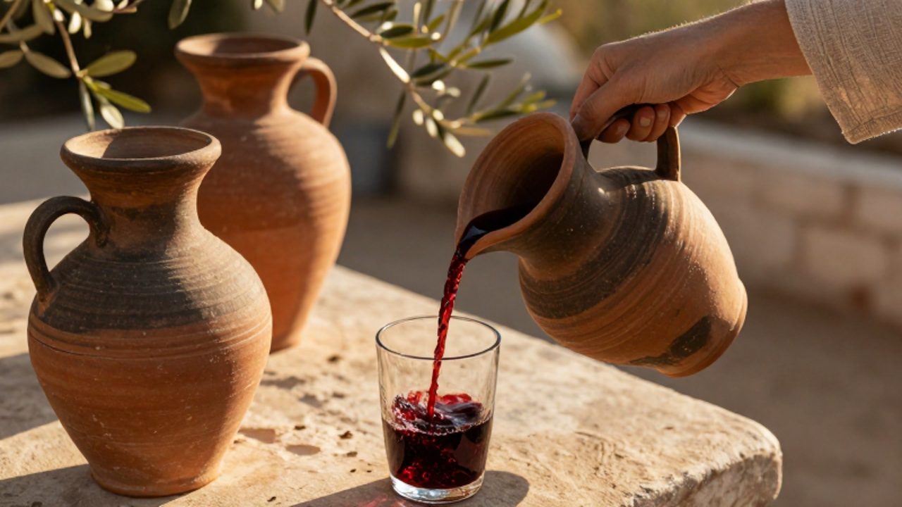 Una mano vierte vino tinto desde una jarra de cerámica en un vaso sobre una mesa de piedra al aire libre.