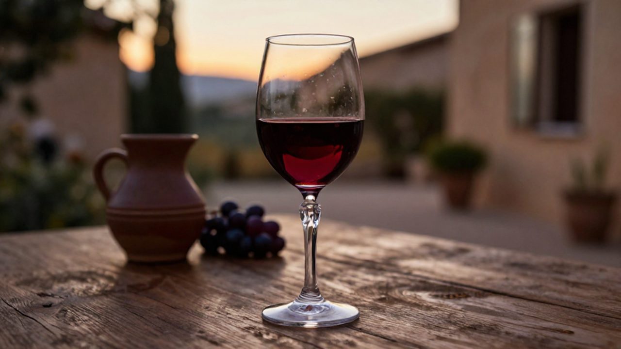 Copa de cristal con vino tinto sobre una mesa de madera rústica en un patio mediterráneo durante el atardecer.
