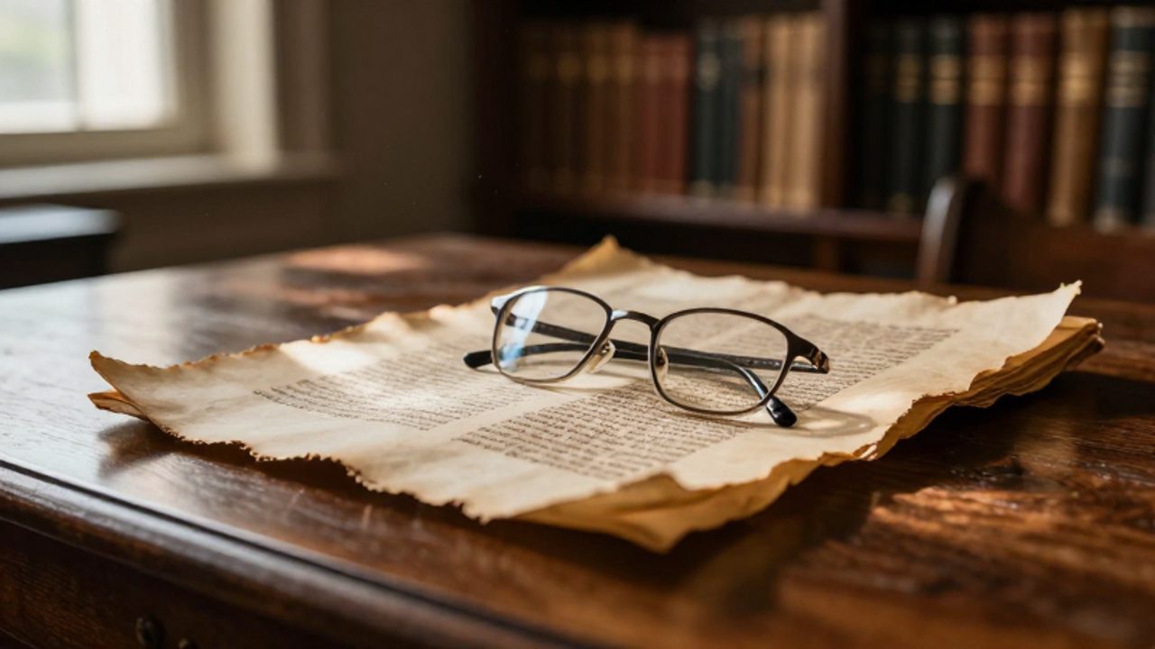 Manuscrito antiguo sobre una mesa de madera junto a unas gafas modernas, simbolizando la conexión entre la sabiduría histórica y la ética actual.