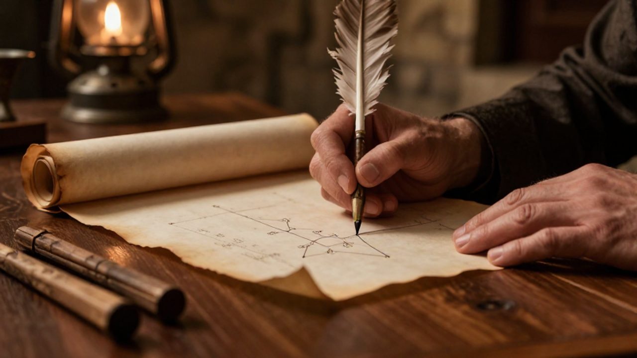 Manos escribiendo con una pluma sobre un pergamino antiguo junto a palos de cuenta de madera sobre un escritorio de roble.