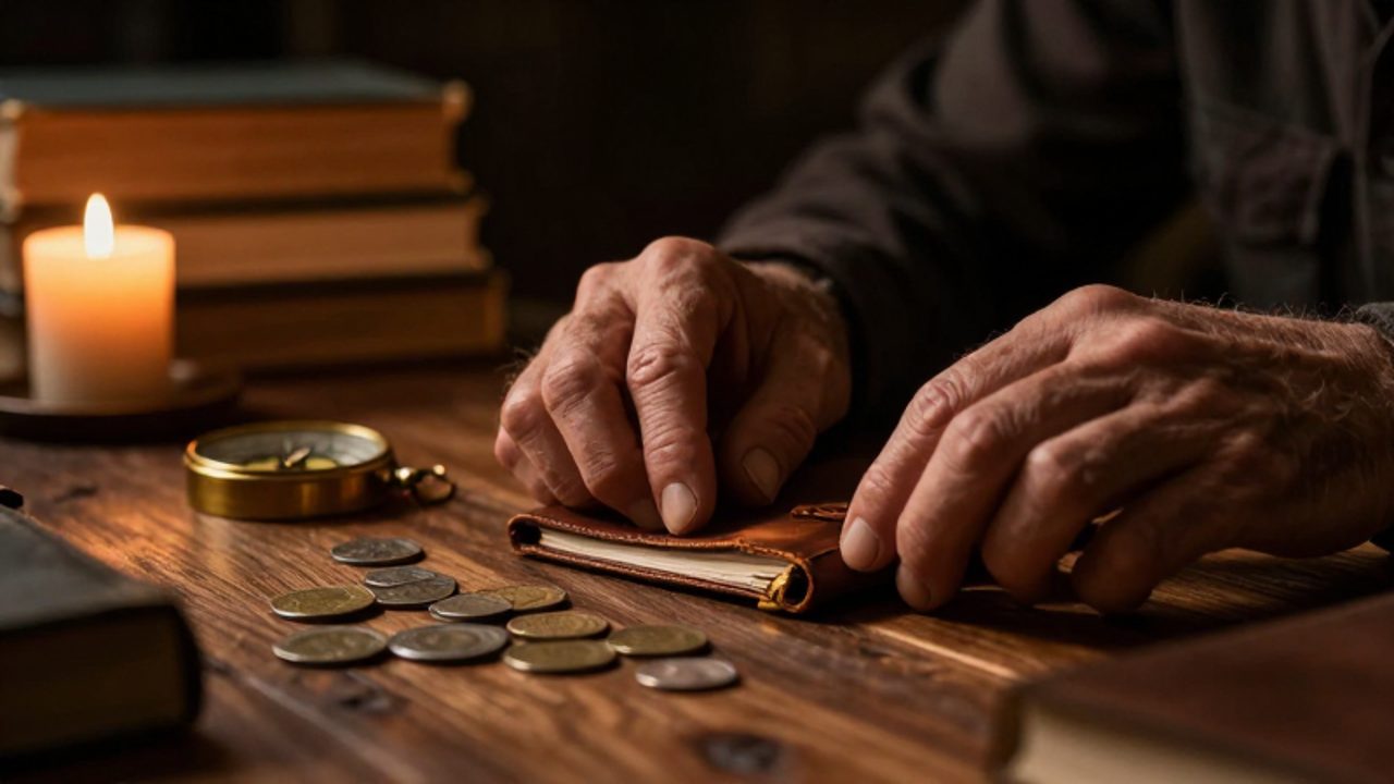 Manos curtidas organizan con cuidado un diario, una brújula y monedas antiguas sobre un escritorio de madera en un ambiente de estudio tenue.
