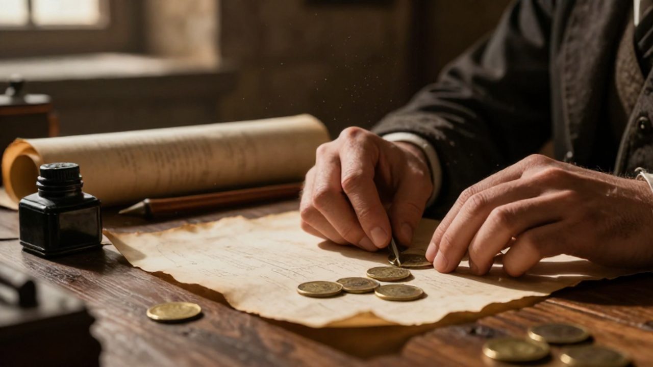 Manos organizando pergaminos antiguos y monedas de bronce sobre un escritorio de madera en un estudio histórico con luz tenue.