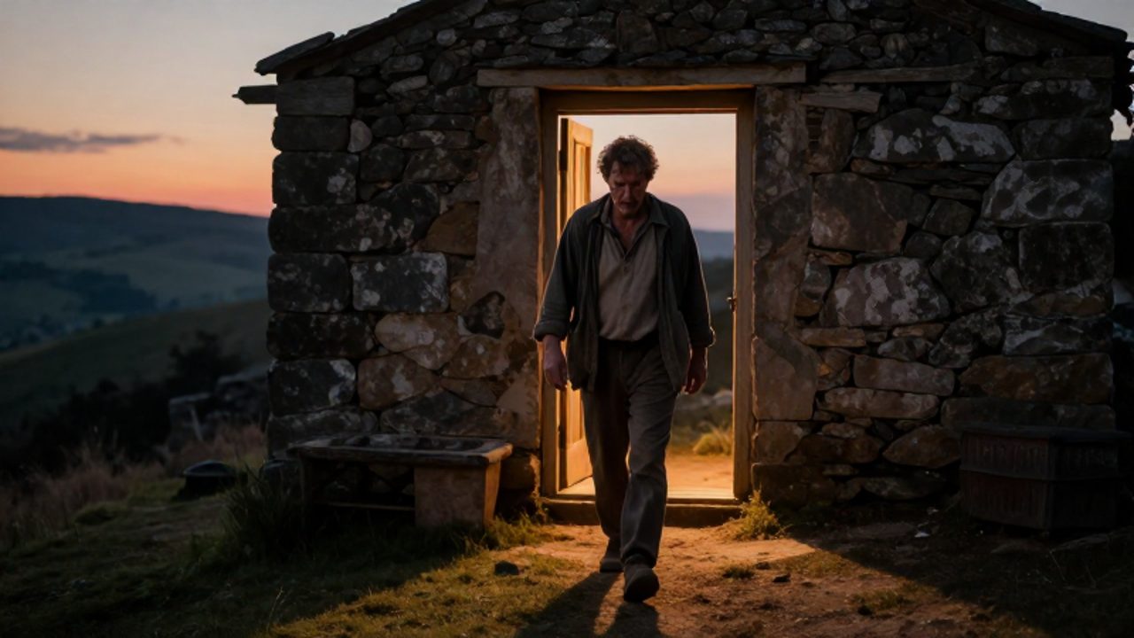 Hombre de aspecto cansado y ropas desgastadas camina hacia la luz acogedora de la puerta de una pequeña cabaña de piedra al atardecer.
