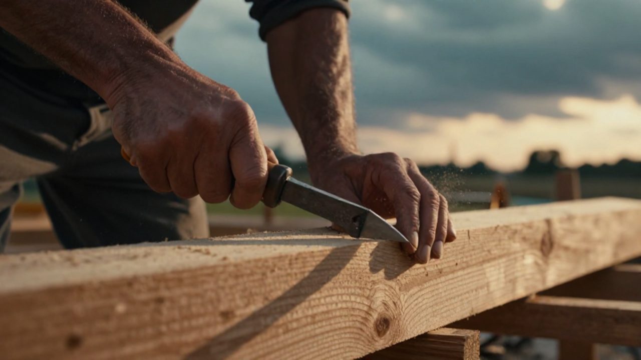 Manos curtidas trabajando con una herramienta primitiva para tallar madera en la construcción de una gran estructura de madera bajo un cielo tormentoso.