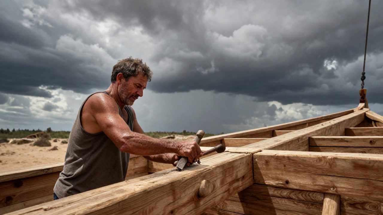 Hombre de expresión decidida trabajando intensamente en la construcción de una gran embarcación de madera bajo un cielo de tormenta.