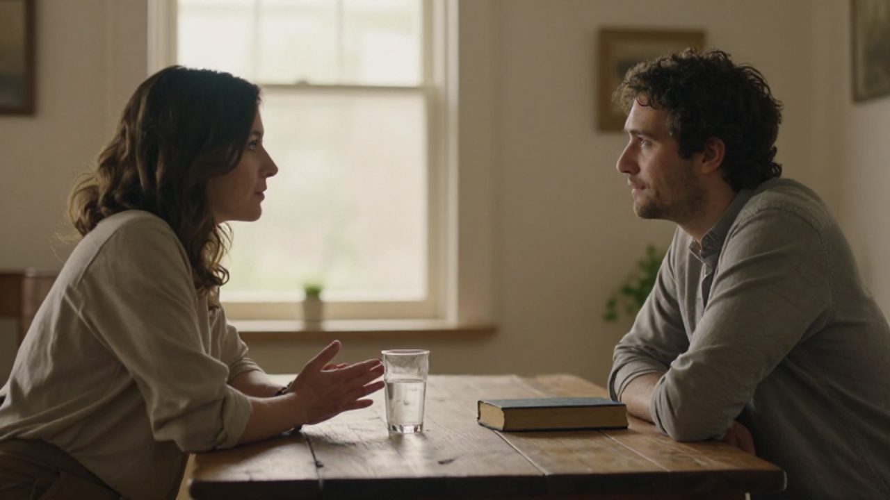 Dos personas conversan con sinceridad sentadas frente a frente en una mesa de madera iluminada por luz natural.