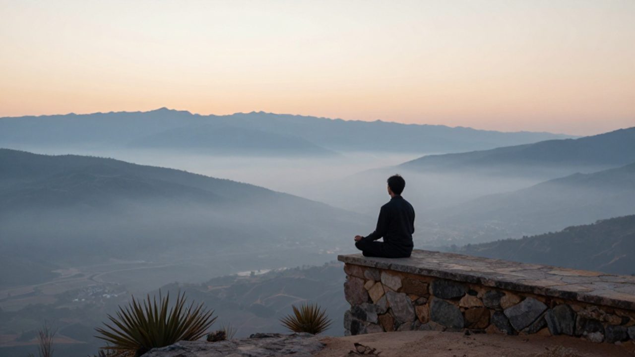 Persona sentada en meditación sobre una roca frente a un valle montañoso cubierto por la niebla al amanecer.