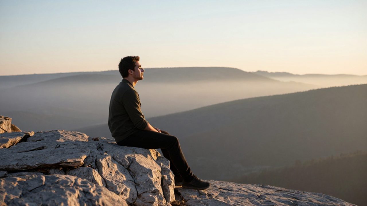 Un hombre sentado en un saliente de piedra contempla con calma un valle montañoso al amanecer en un entorno sereno.