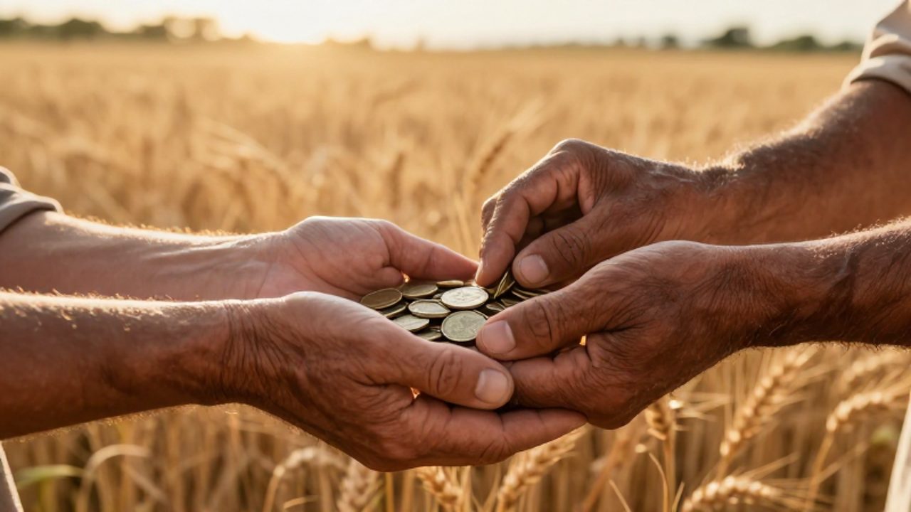 Unas manos trabajadoras reciben una pequeña bolsa de monedas de bronce durante un intercambio de pago en un campo de trigo bajo la luz del atardecer.