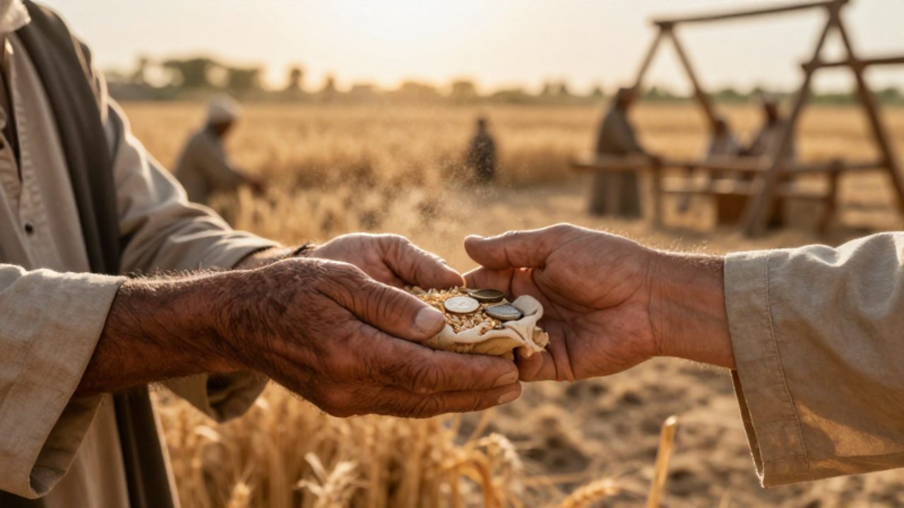 Manos callosas de un trabajador recibiendo un pequeño saco de grano y monedas en un campo de cultivo.