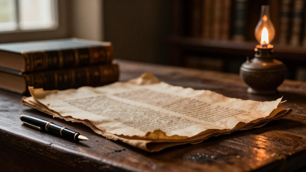 Manuscrito antiguo sobre una mesa de madera junto a una pluma y una lámpara de aceite en un entorno de estudio histórico.