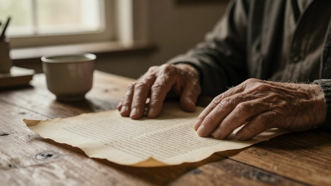 Manos de una persona mayor apoyadas sobre un manuscrito antiguo junto a una taza de cerámica en un ambiente de reflexión.