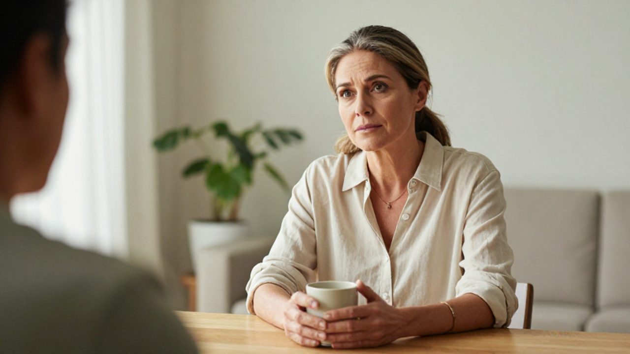 Mujer de mediana edad sentada frente a una mesa de madera, con expresión tranquila y atenta mientras sostiene una taza, transmitiendo serenidad y firmeza.