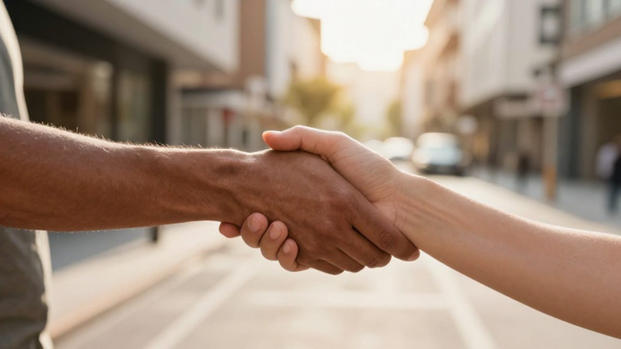Una persona sujeta con delicadeza el antebrazo de otra en un gesto de apoyo y consuelo bajo la luz del atardecer.