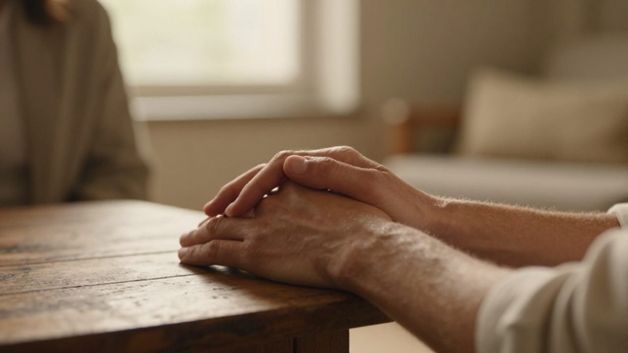 Dos personas se toman de las manos en un gesto de consuelo y reconciliación sobre una mesa de madera en un ambiente cálido.
