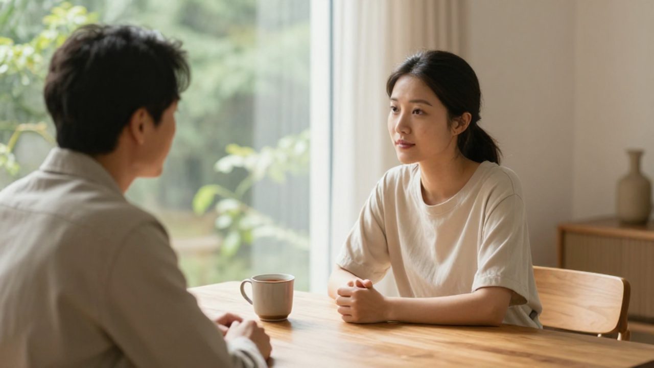 Dos personas mantienen una conversación tranquila y empática sentadas frente a frente en una habitación luminosa.