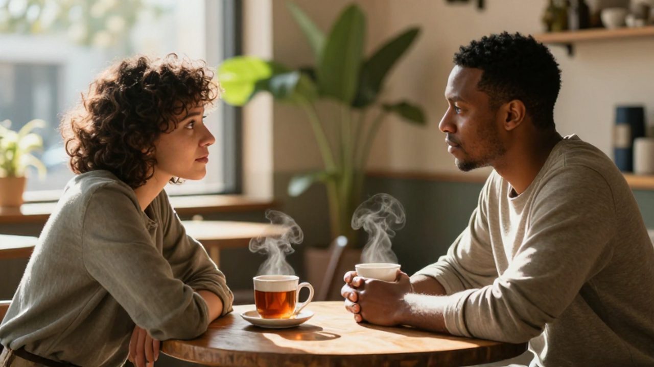 Dos personas conversan con calma y atención mutua sentadas frente a frente en una mesa de café iluminada por el sol.