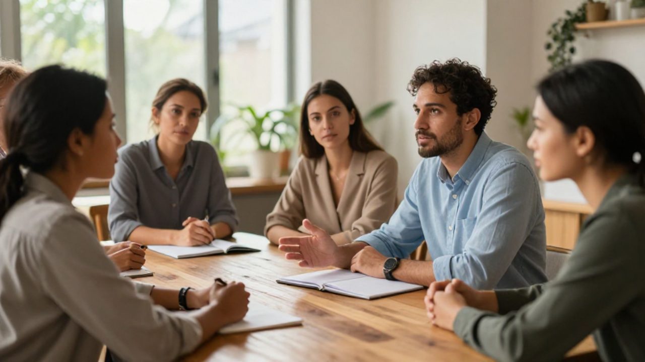 Grupo de profesionales de diversas edades conversando con atención alrededor de una mesa de madera en un entorno luminoso y tranquilo.