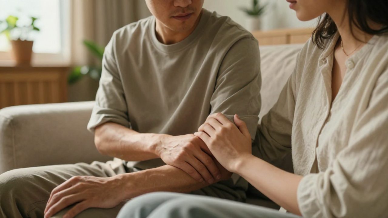 Dos hermanos sentados en un sofá en un ambiente cálido, donde uno coloca su mano con afecto sobre el brazo del otro en un gesto de reconciliación.