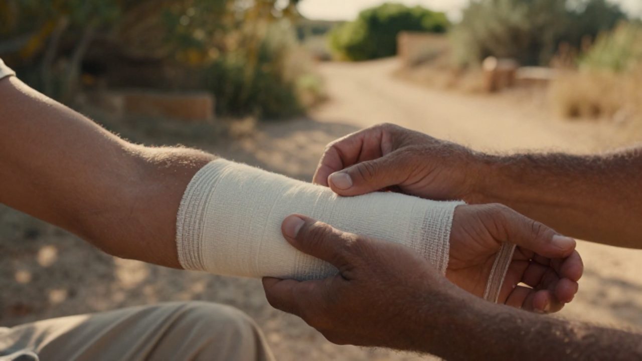 Manos vendando con cuidado el brazo de una persona en un entorno rústico bajo la luz del atardecer.