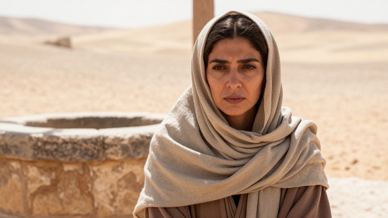 Mujer de aspecto cansado y mirada contemplativa sentada junto a un pozo de piedra en un paisaje desértico bajo un sol intenso.