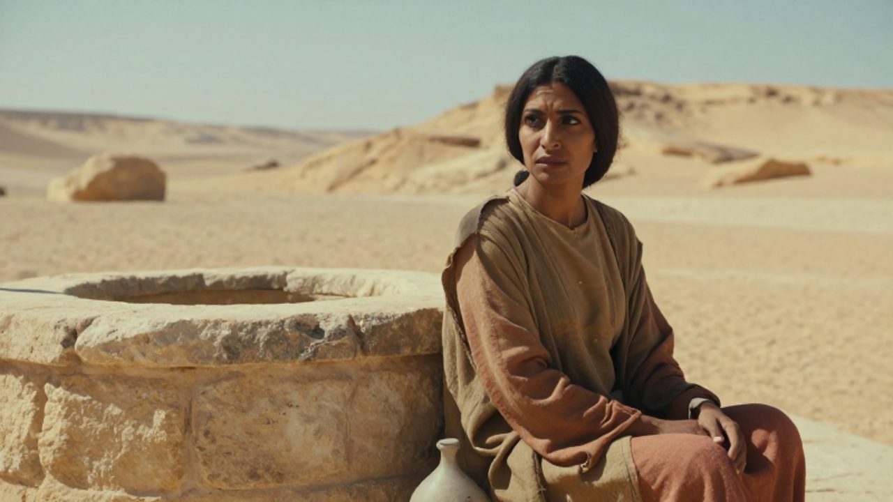 Una mujer de Oriente Medio sentada junto a un pozo de piedra en un paisaje desértico, con una expresión de revelación y serenidad.