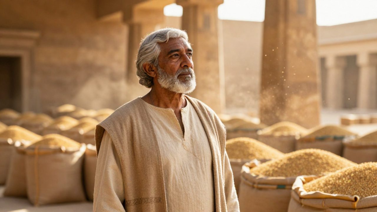 Hombre de aspecto sabio y calmado con vestimentas egipcias observando sacos de grano en un granero iluminado por la luz del sol.