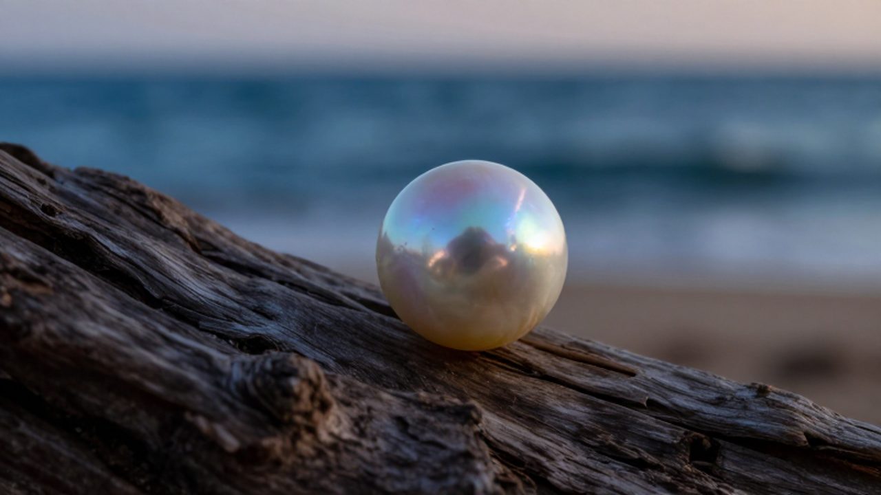 Una perla iridiscente descansa sobre un trozo de madera a la deriva frente a un mar sereno al atardecer.
