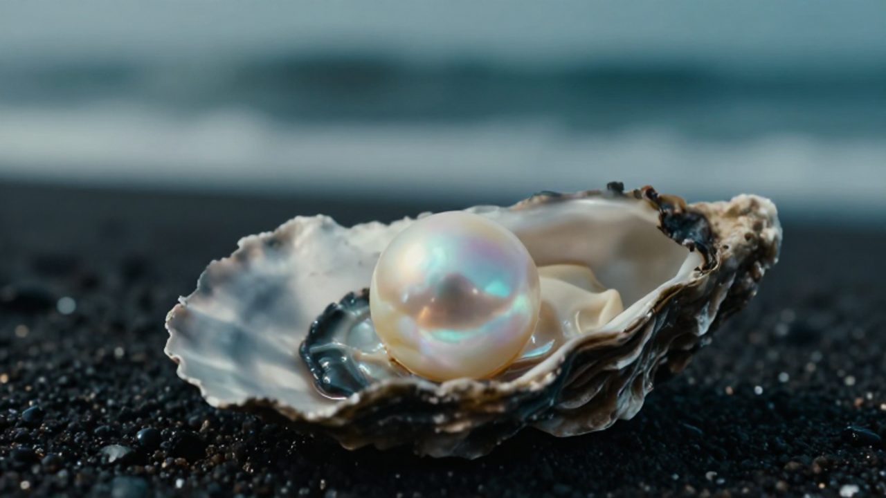 Una perla luminosa descansa dentro de una ostra abierta sobre arena volcánica frente al movimiento de las olas del mar.