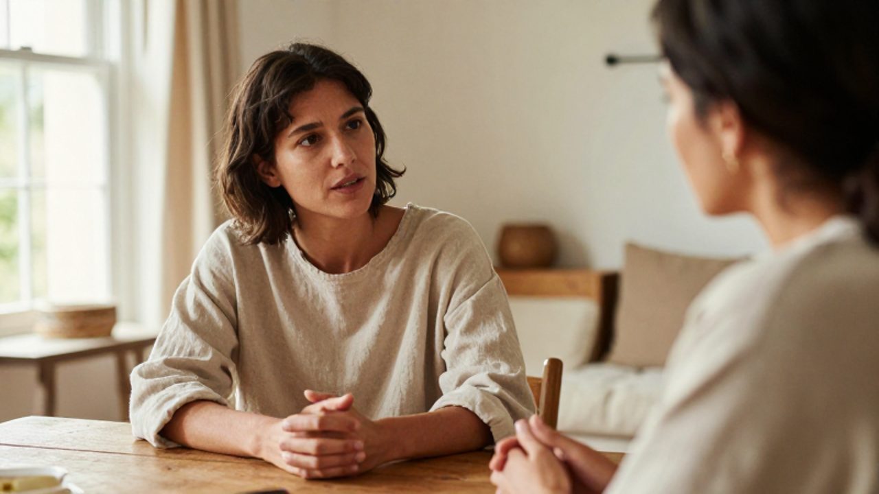 Dos personas conversan con calma y atención mutua sentadas frente a frente en una sala iluminada por la luz natural.