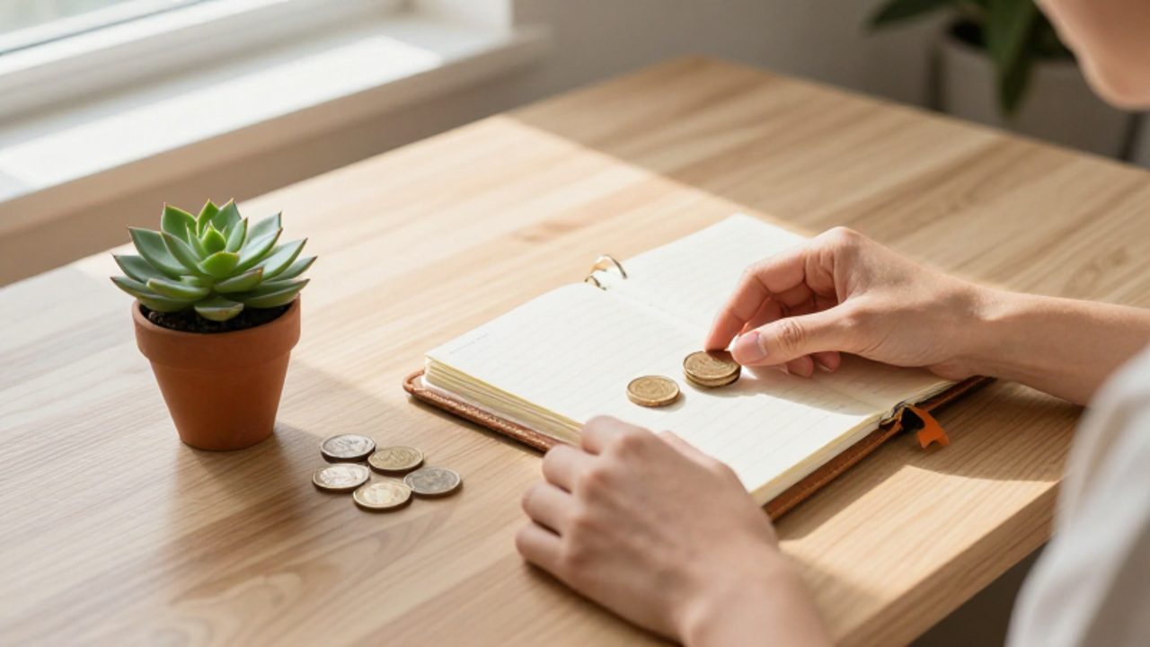 Manos organizando monedas de madera y una agenda sobre una mesa de madera clara junto a una pequeña planta suculenta.