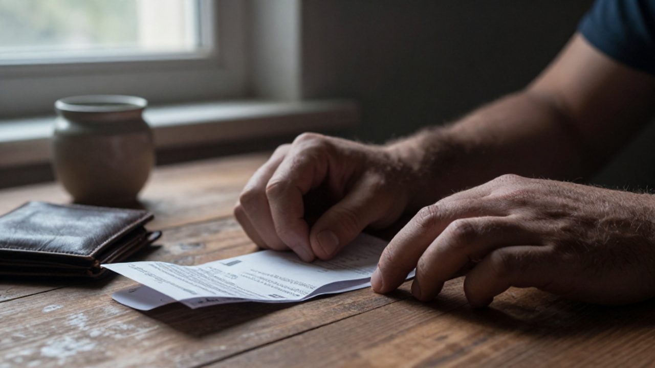Manos de una persona descansando con tensión sobre una mesa de madera junto a recibos dispersos y una billetera gastada, evocando la carga de la inestabilidad financiera.