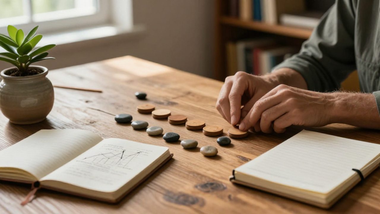 Manos organizando piezas de madera y piedras pequeñas en filas sobre un escritorio de madera junto a un cuaderno de notas, simbolizando la planificación y el orden.