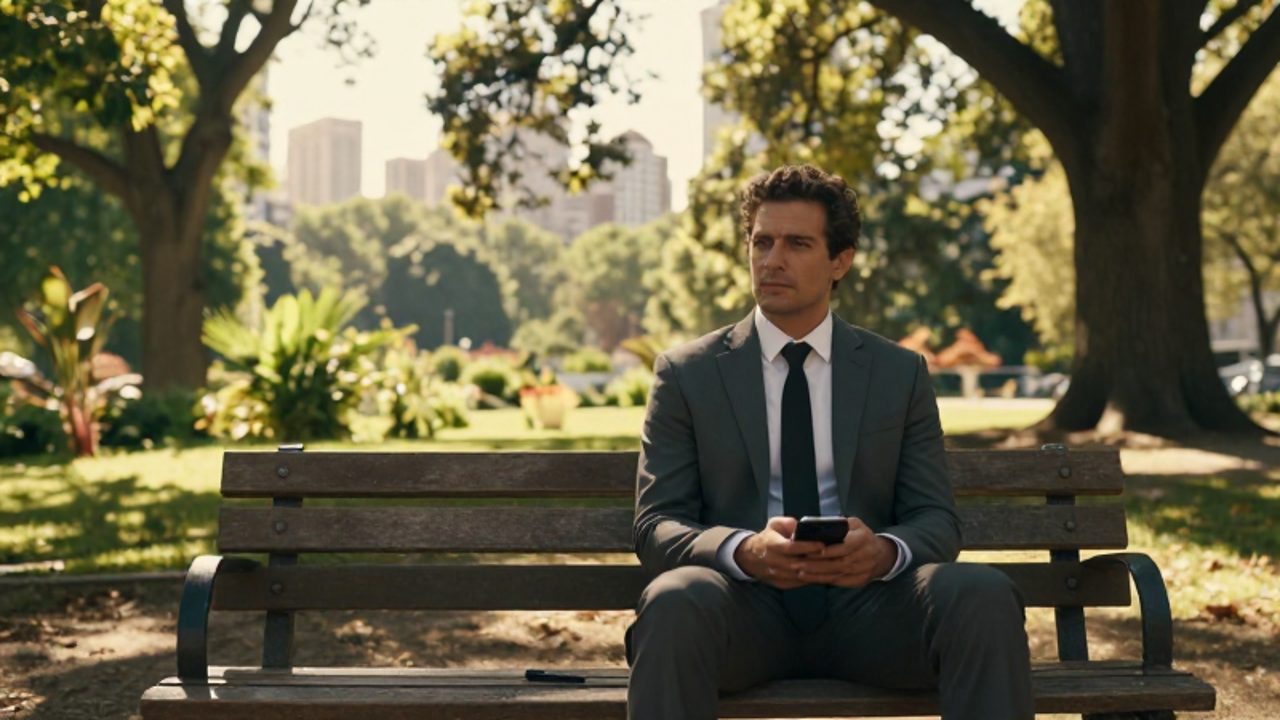 Hombre de traje con expresión cansada y reflexiva sentado en un banco de un parque tranquilo, dejando de lado su teléfono móvil mientras contempla la distancia con la ciudad al fondo.