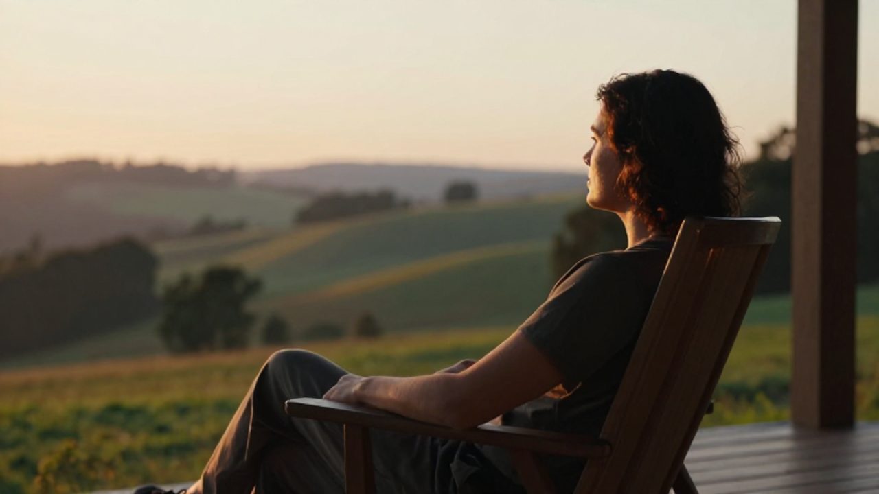 Persona sentada en un porche de madera contemplando un paisaje de colinas durante el atardecer en un momento de tranquilidad y reflexión.