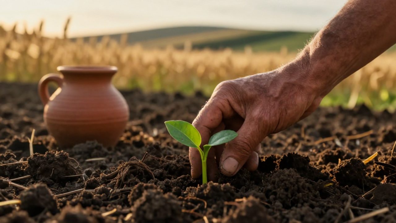 Una mano trabaja la tierra fértil al plantar un pequeño brote verde en un campo bajo la luz cálida del atardecer.