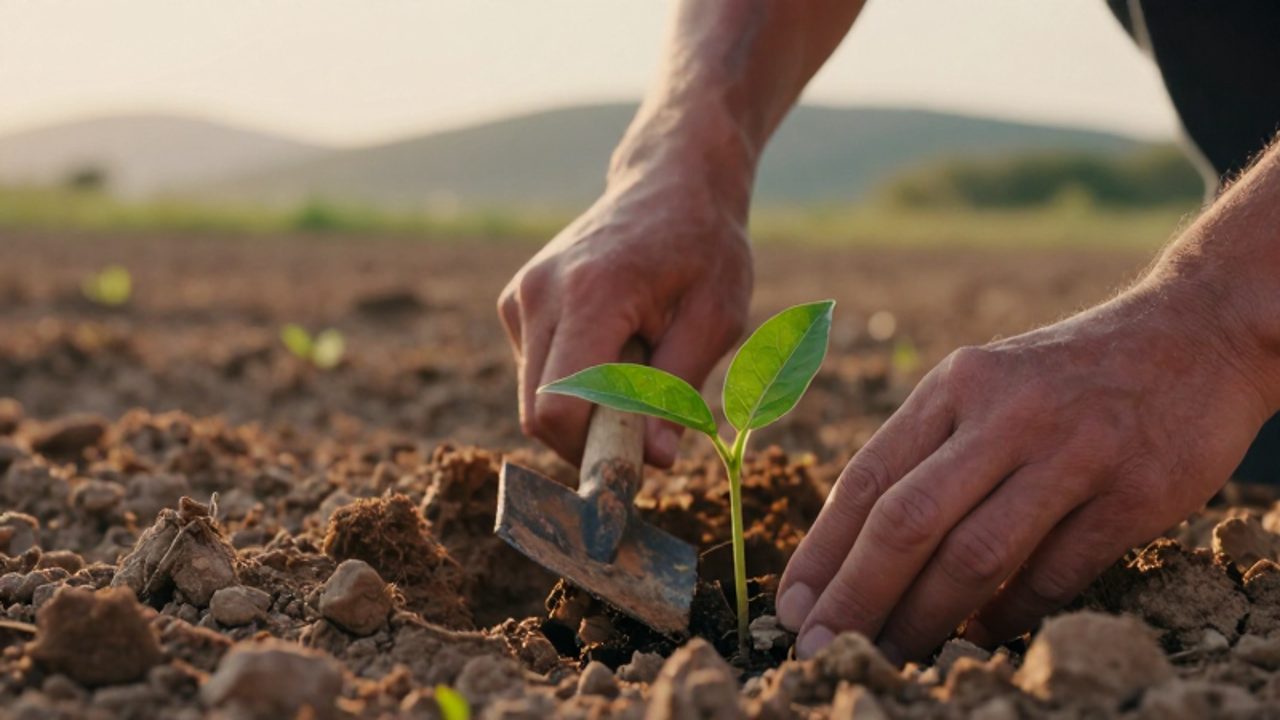 Unas manos cuidan con delicadeza un pequeño brote verde que crece en tierra seca utilizando una herramienta de madera.