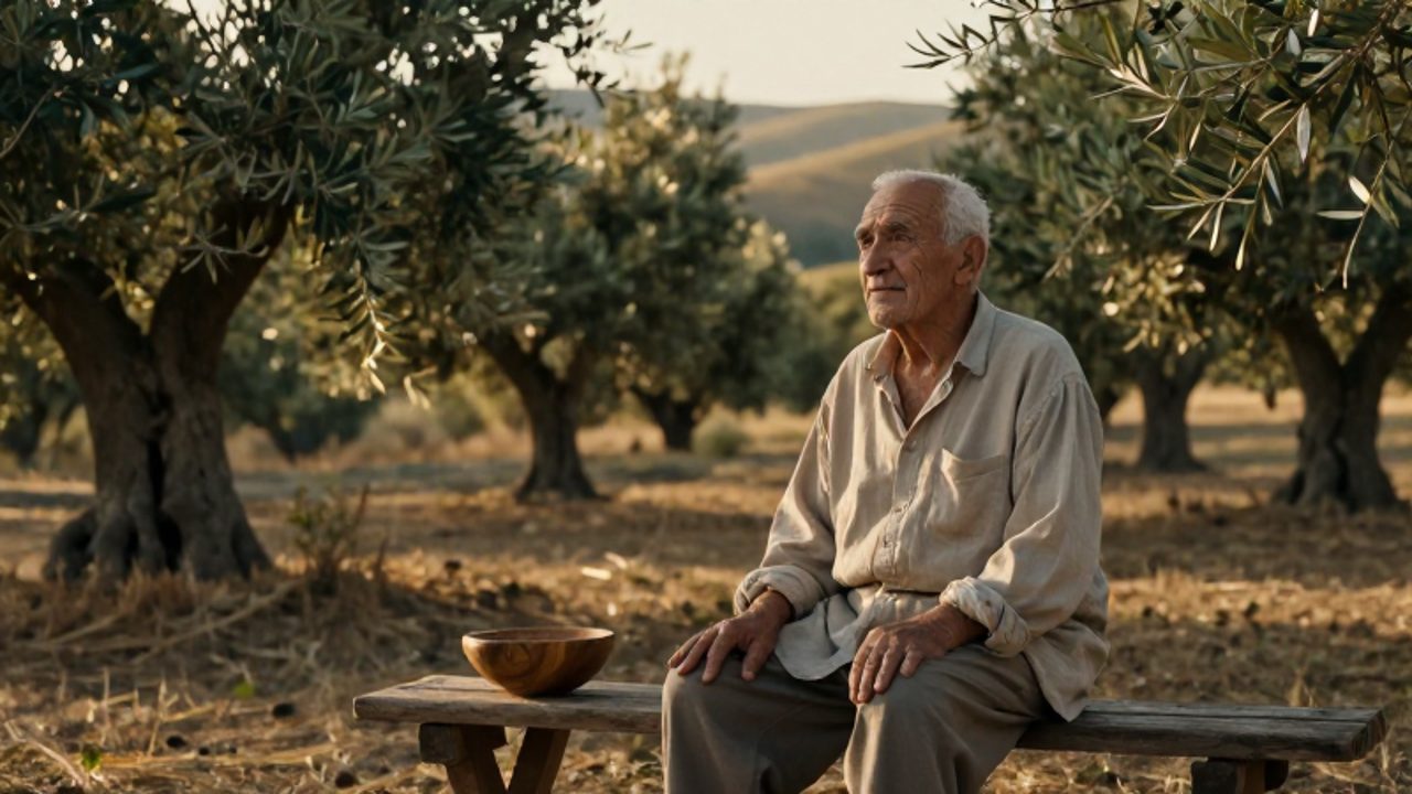 Hombre anciano con expresión serena sentado en un banco de madera en un olivar bajo la luz del atardecer.