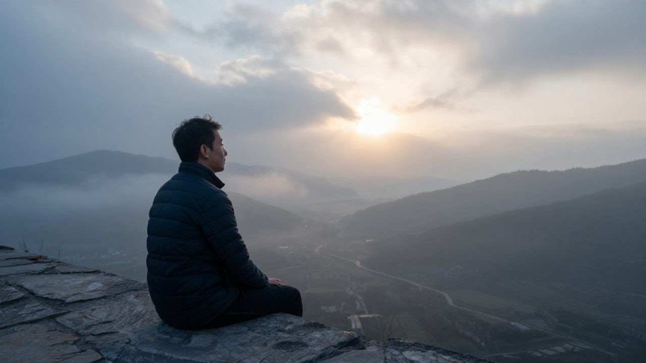 Un hombre contempla pensativo un vasto valle cubierto de niebla frente a un amanecer entre montañas.