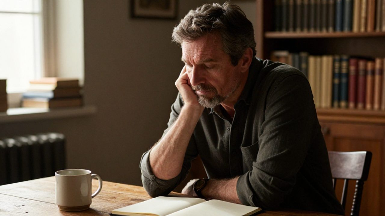 Hombre de mediana edad sentado frente a un escritorio con un cuaderno abierto, en actitud reflexiva y serena en una habitación iluminada por el sol.