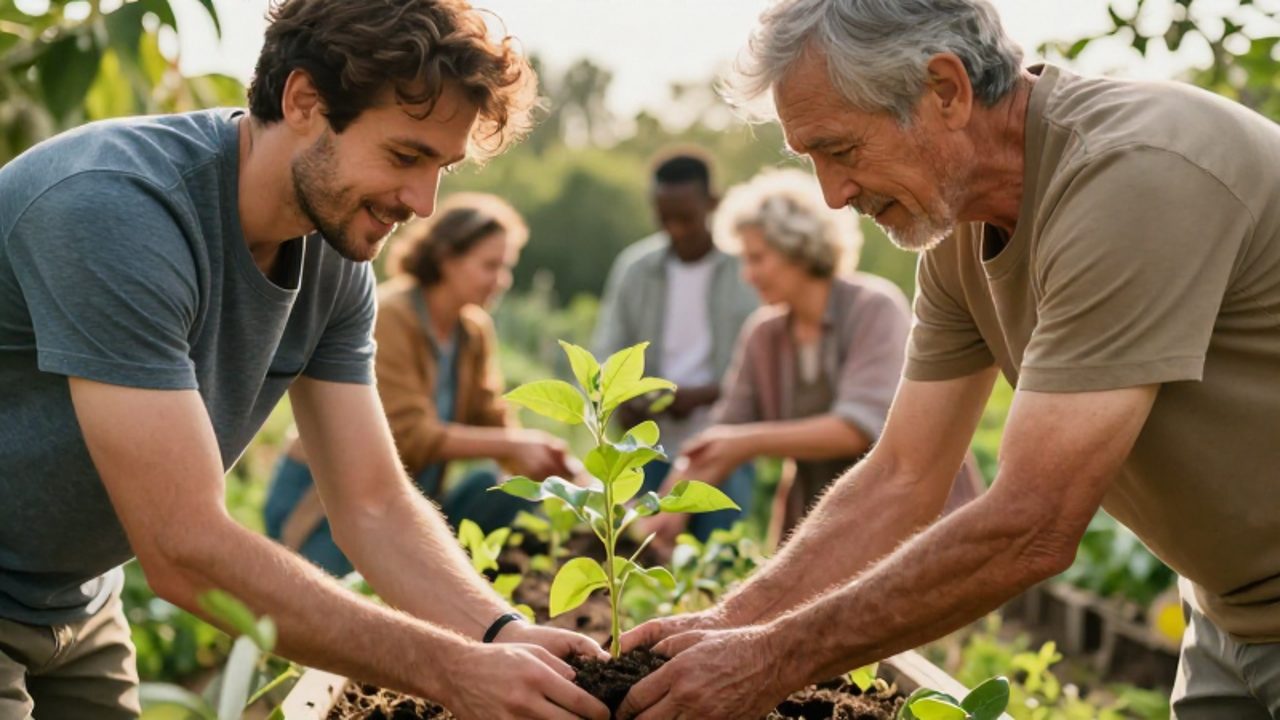 Un joven ayuda a una persona mayor a plantar un pequeño árbol en un jardín comunitario iluminado por el sol, rodeados de personas de diversas edades y etnias.