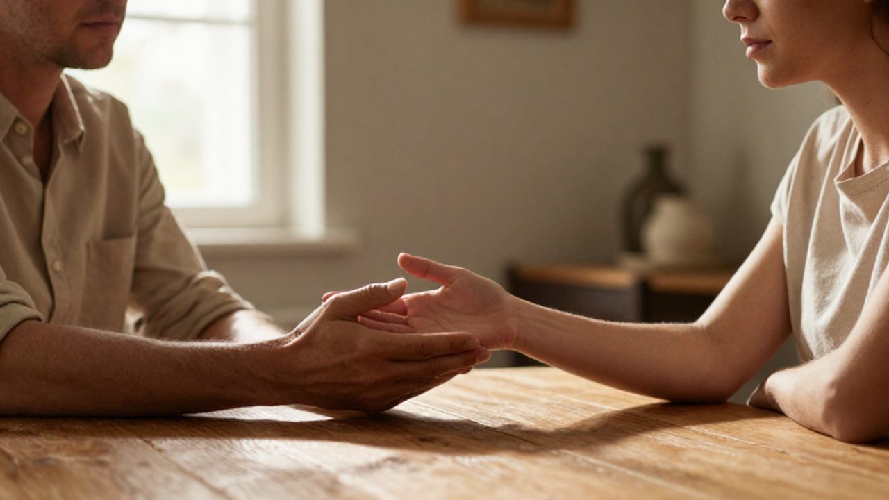 Dos personas sentadas frente a frente en una mesa de madera, donde una extiende su mano hacia la otra en un gesto de reconciliación y paz.