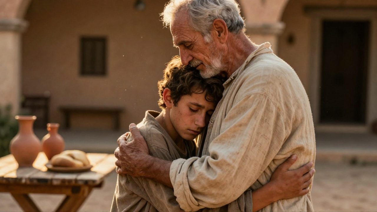Un padre anciano abraza con ternura a su hijo agotado y desaliñado en un momento de reconciliación bajo la luz cálida del atardecer.