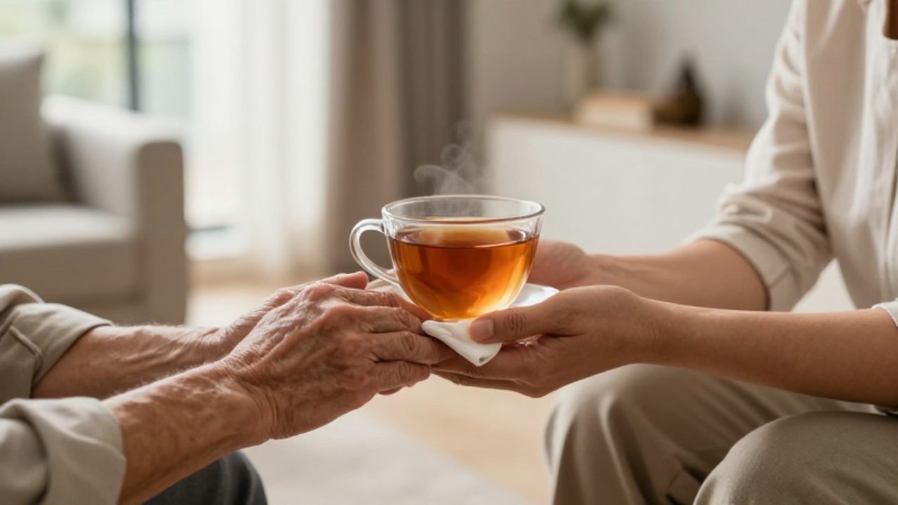 Unas manos ofrecen con delicadeza una taza de té y un paño a unas manos temblorosas en un gesto de cuidado y apoyo.